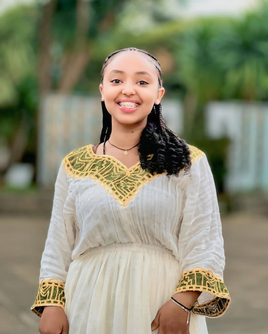 Ethiopian Dress - Full-Length White & Gold Kemis