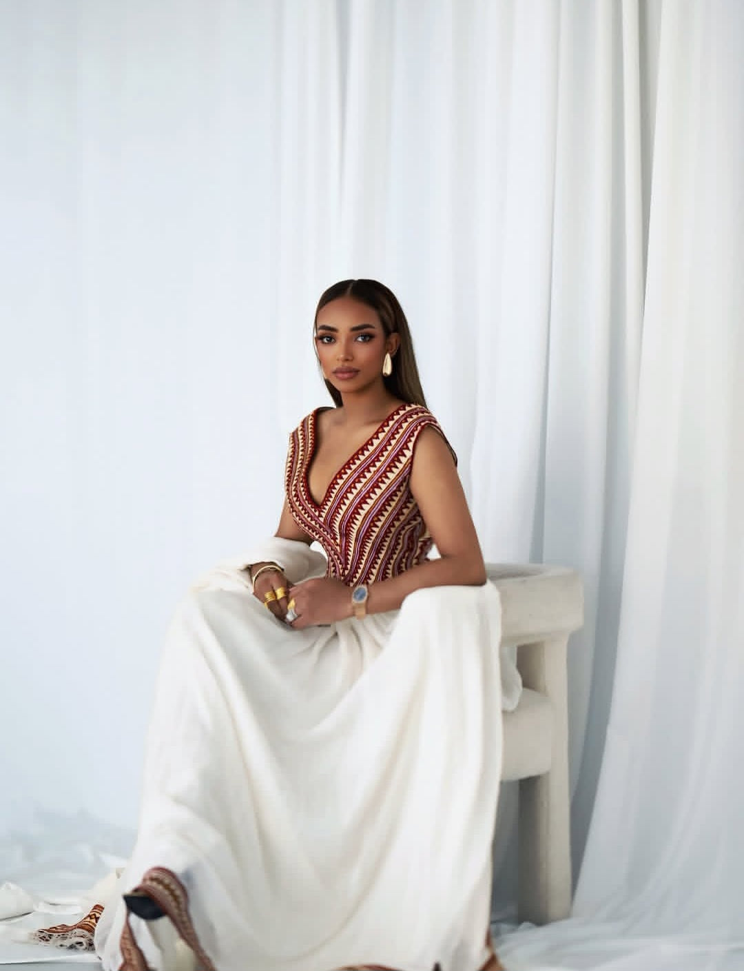 Ethiopian Dress - Cultural Dress with red tilef Embroidery for Celebrations