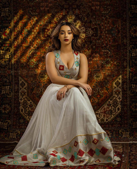 Habesha Libs – White Cotton Outfit with Intricate, Hand-Stitched Tilet