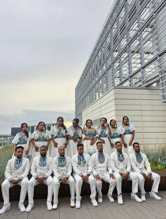 White Wedding Habesha Kemis & Matching Men's Shirt - couples set