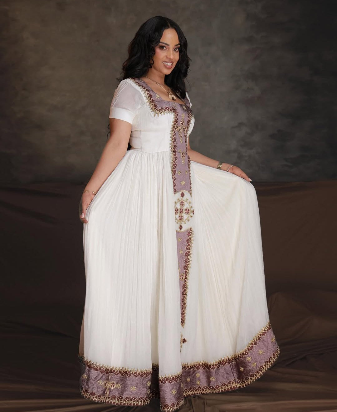 Habesha Kemis - purple & Gold dress with Intricate Detailing