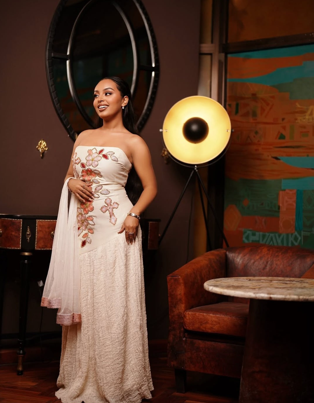 Habesha Dress - White with Subtle Gold Detail for Engagement
