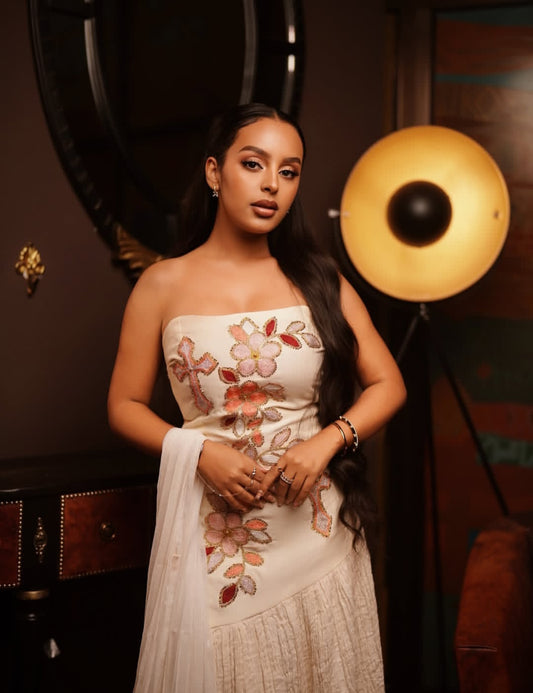 Habesha Dress - White with Subtle Gold Detail for Engagement