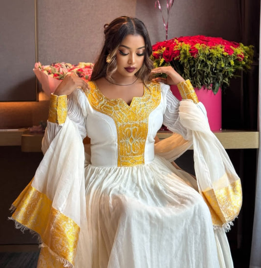 Habesha Dress – Elegant White Cotton with Gold Borders for Church Celebrations