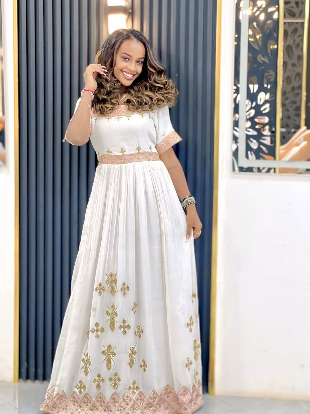 ethiopian dress short Royal Glow  White Ethiopian Short Dress with Red Circle Neck Embroide   DAGMAWIT