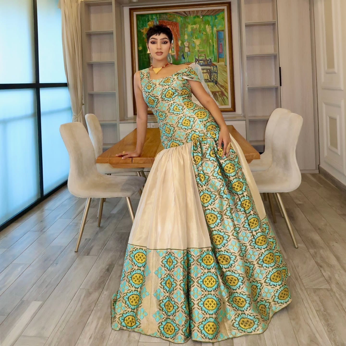 ENKU Design Green Ethiopian Traditional Dress in Handwoven Fabric – Mo – Habesha Dress Store