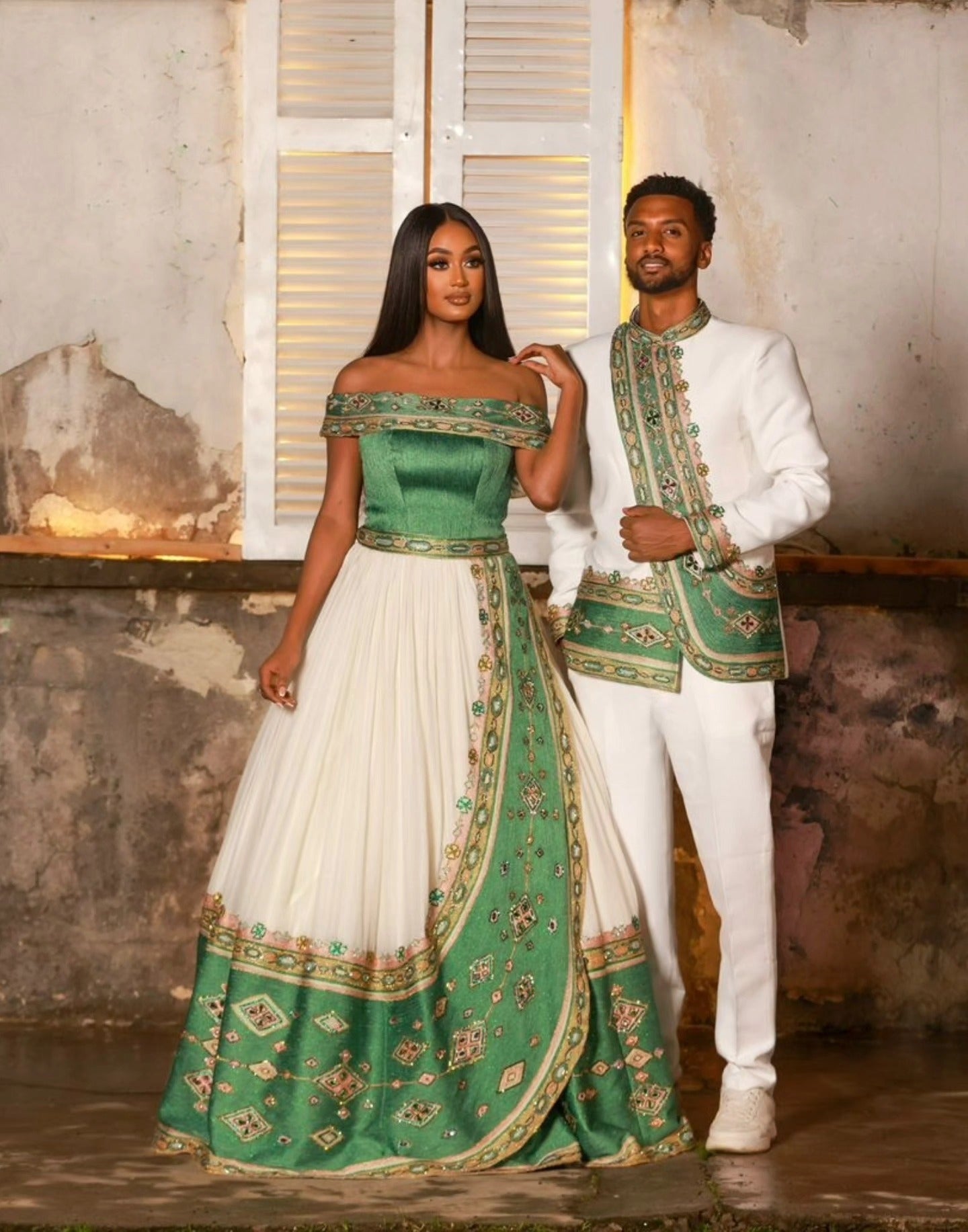 Green Ethiopian Traditional matching couple outfit| Kemis Look