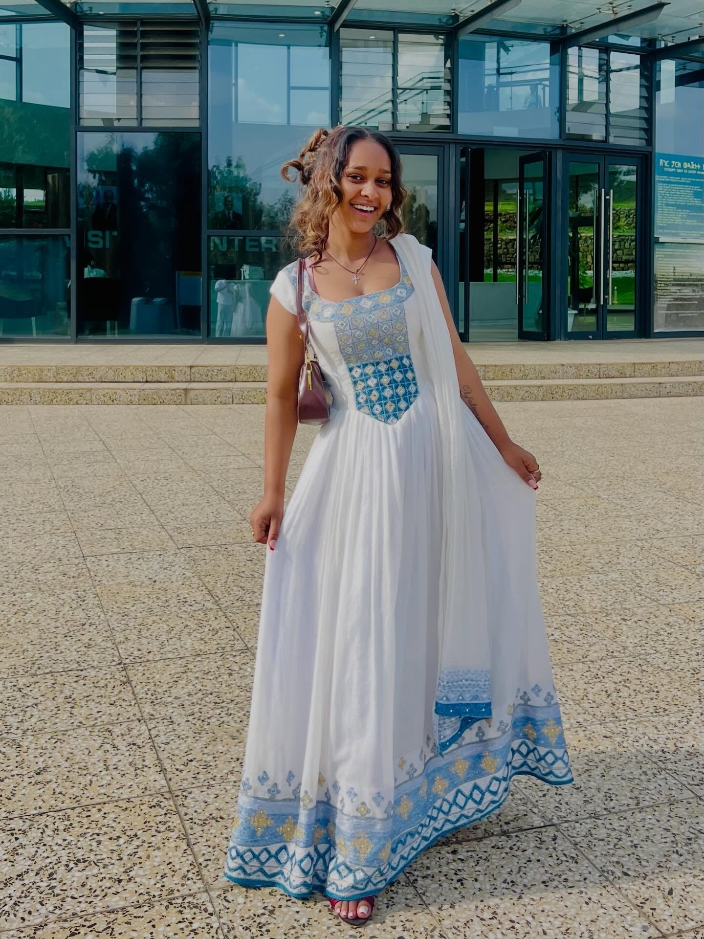 Blue Habesha Kemis with Netela for Diaspora Graduation Wedding