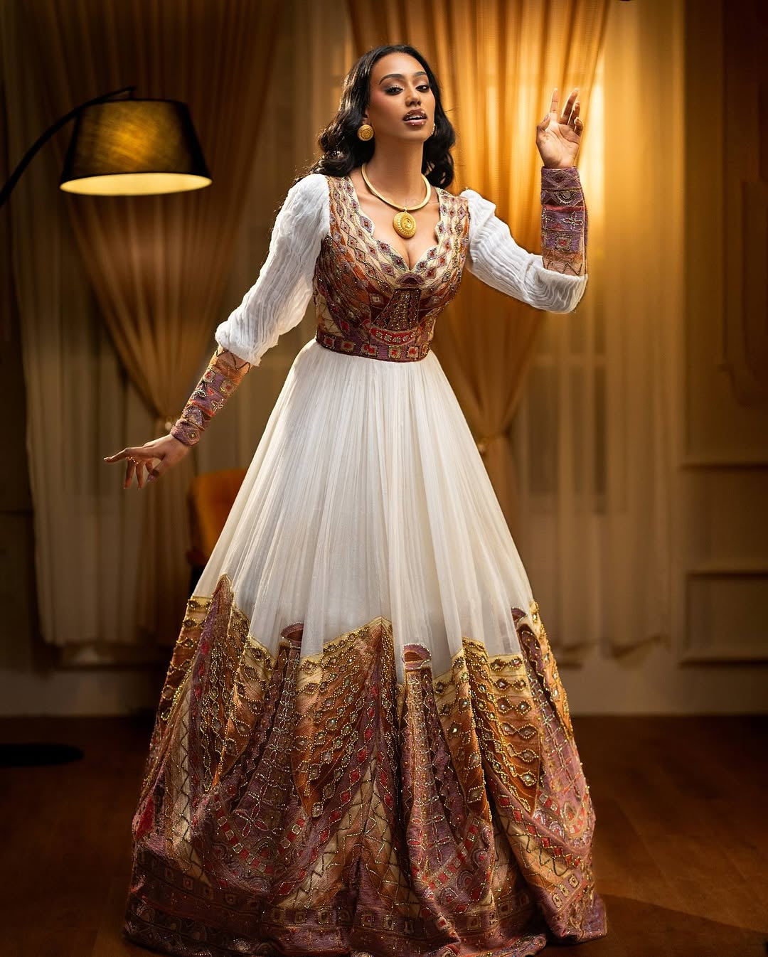 Habesha Dress – White Traditional Kemis with Brown Embroidery for Weddings