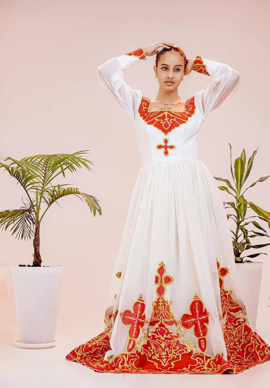 Habesha Dress – Modern Cotton Style with Handwoven Red Borders for Graduations