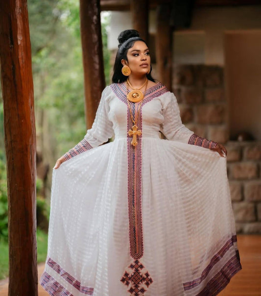 Habesha Dress – Modern V-Neck White Cotton with pink Embroidery for special Nights