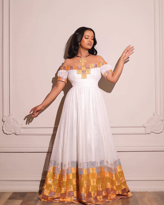 Habesha Dress – White off shoulder Style with Golden Yellow Borders for Meskel Festival