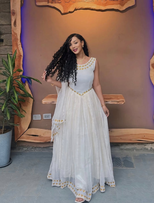 Habesha Dress – Elegant White Cotton with Handwoven Borders for Church Celebrations