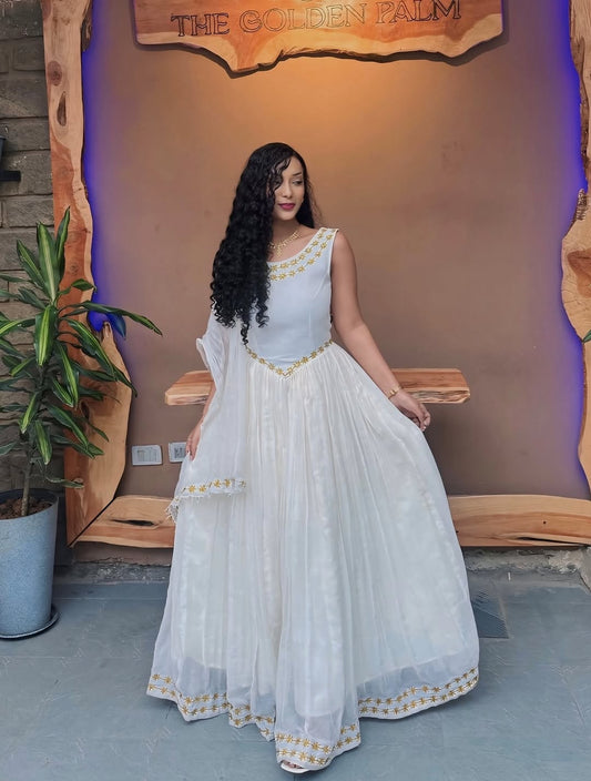 Habesha Dress – Elegant White Cotton with Handwoven Borders for Church Celebrations