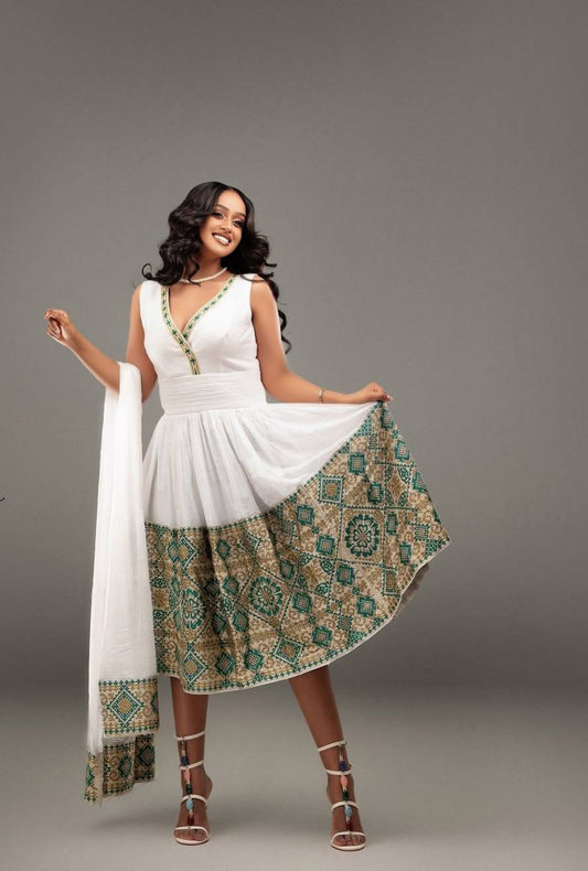Green Habesha Kemis – Traditional Ethiopian Party Dress with Embroidered Borders
