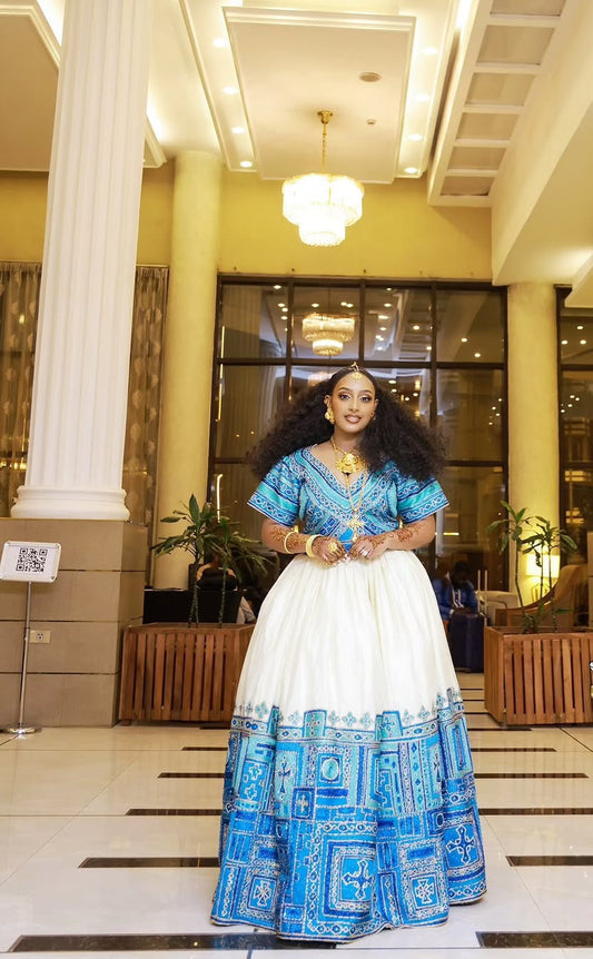 Blue Ethiopian Wedding Dress – Handwoven Habesha Kemis with Traditional Tibeb Detailing