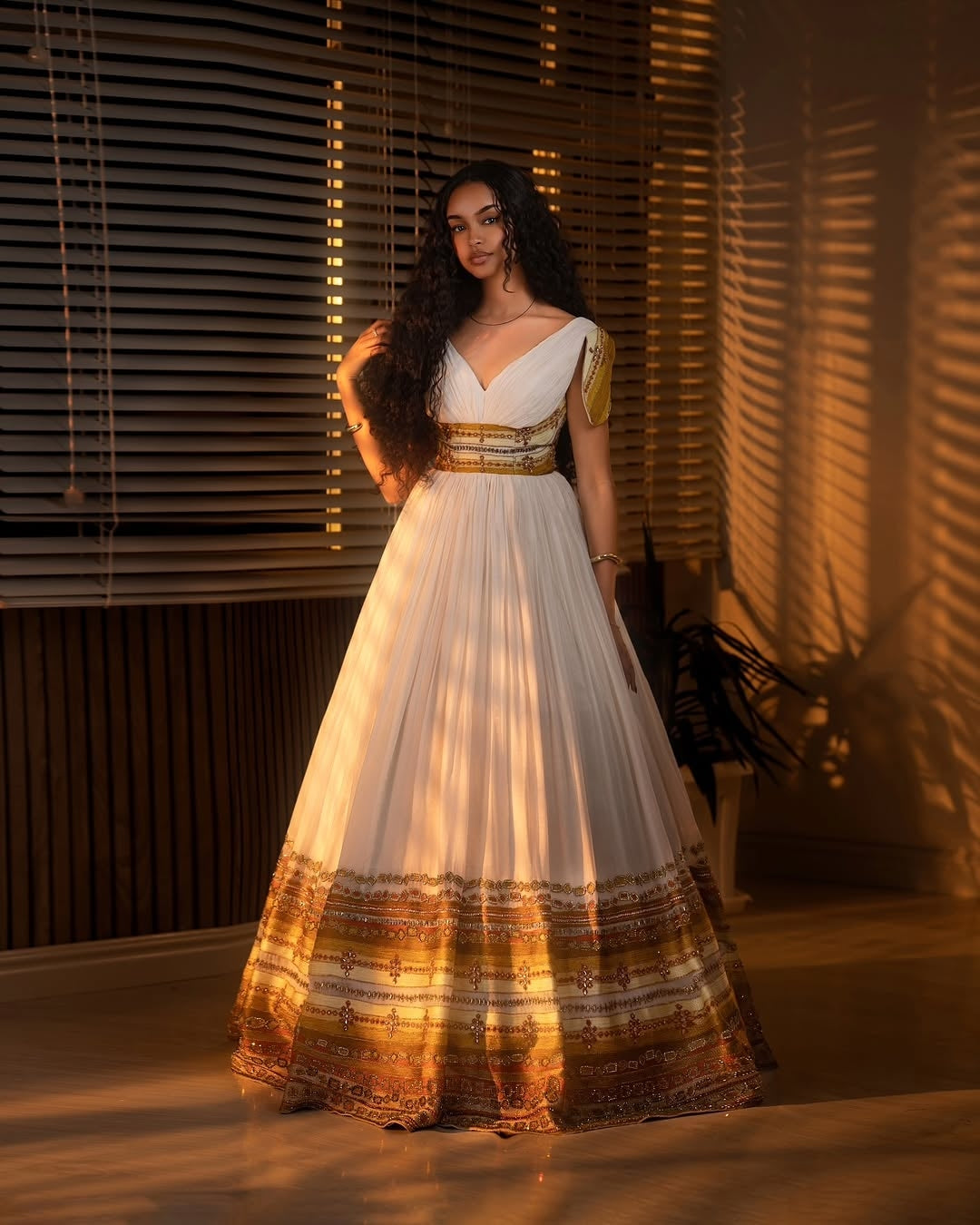 Gold Ethiopian Dress – Pleated Habesha Evening dress with V-Neck Desig