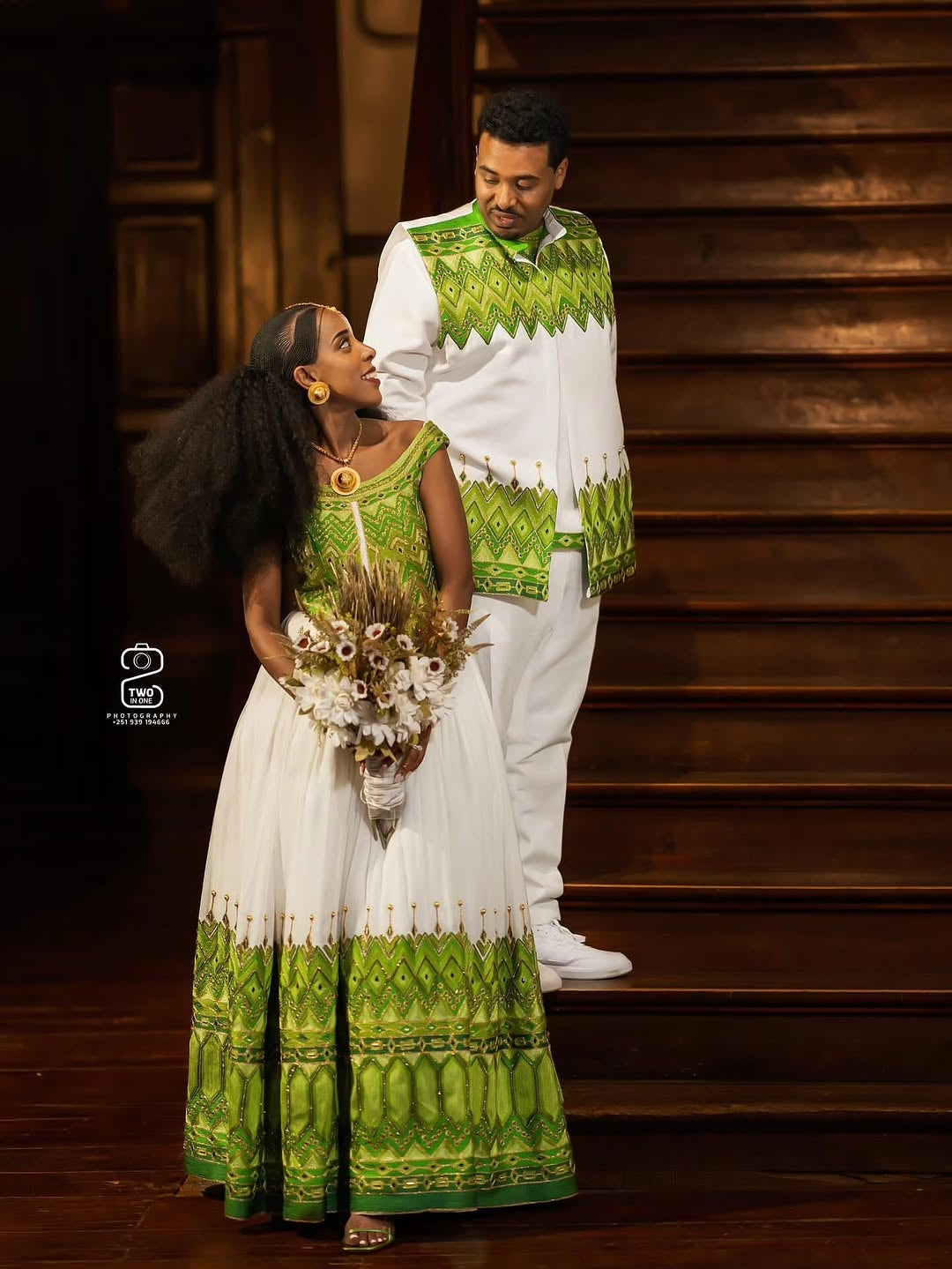 green couple dress for wedding Classic Couple Wearing Elegant Wedding Dress and Dark Green Jacket