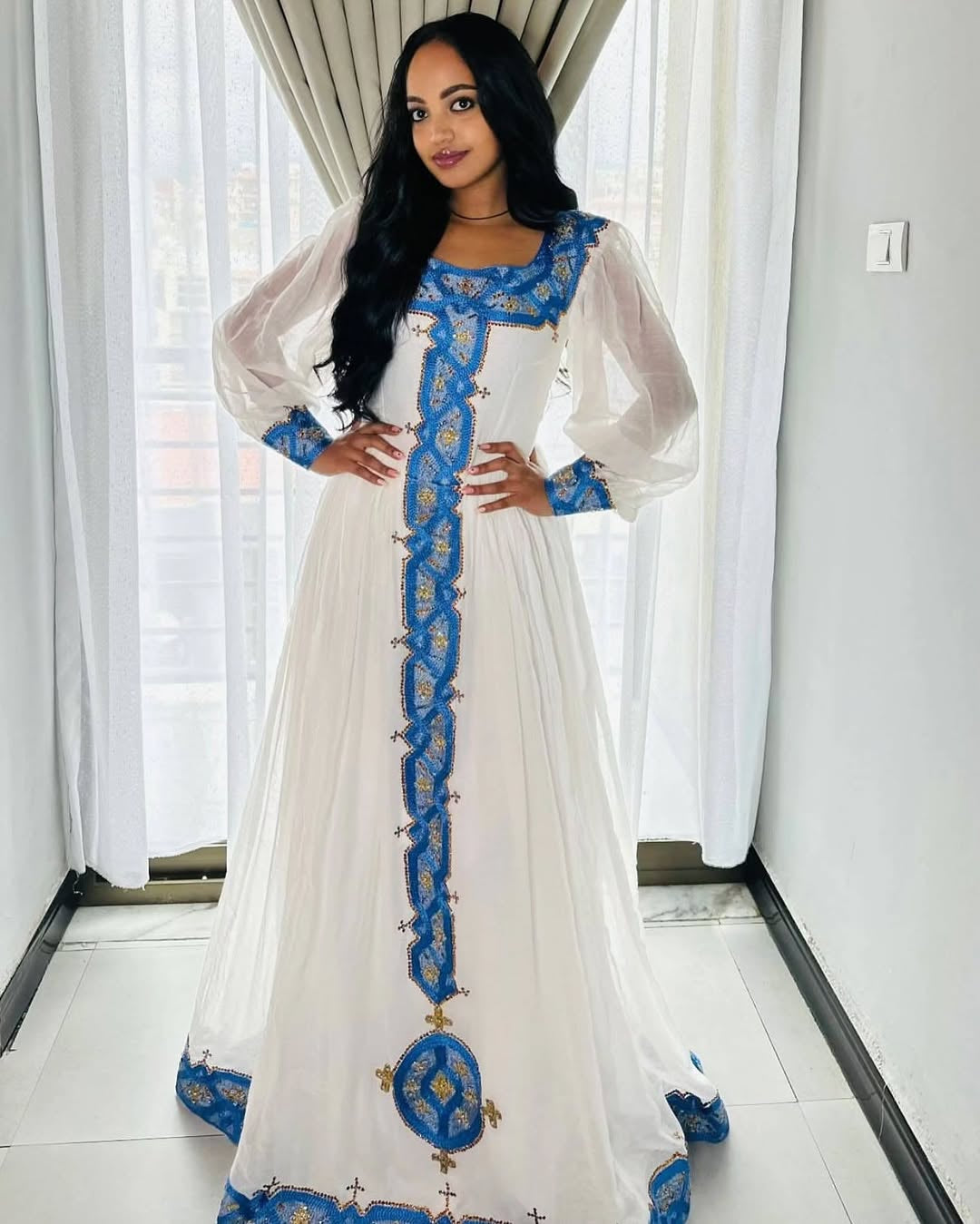 Habesha Dress – Modern Cotton Style with Handwoven Blue Borders for Graduations