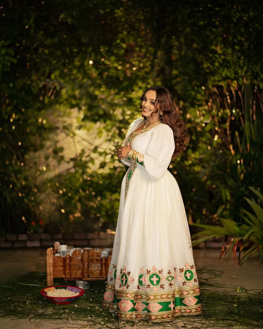 Custom Handwoven Habesha Kemis with green Borders – Ethiopian Traditional Dress