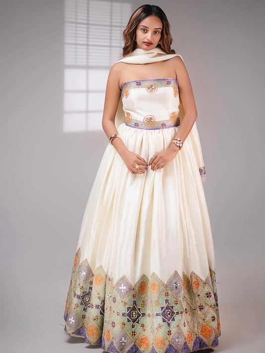 Luxury Cream Habesha Libs with multicolor Accents – Cultural & Holiday Outfit