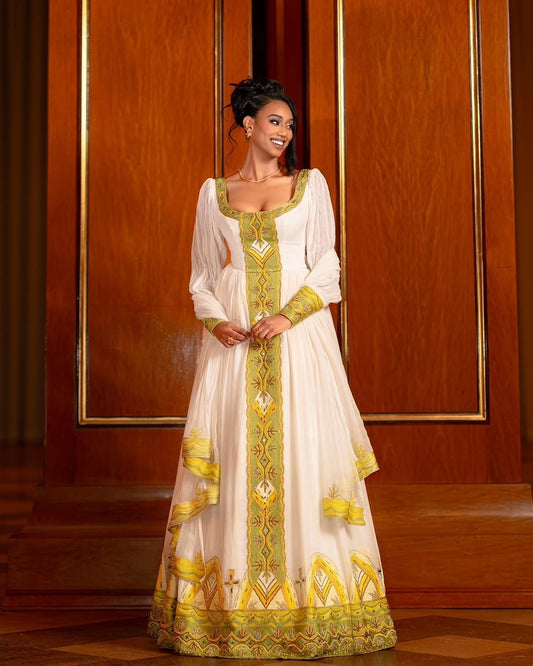Ethiopian Dress – Traditional White Cotton with Green Borders for Church Ceremonies