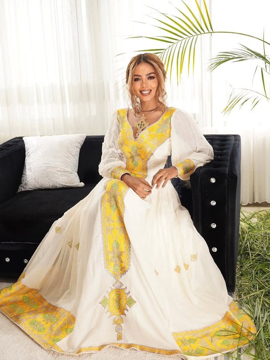Habesha Dress – White & Gold Embroidered Cotton Kemis for Engagement Parties