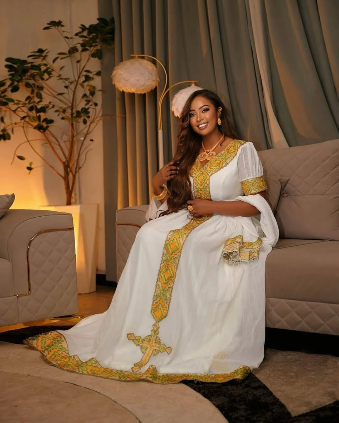 Habesha Dress – White cultural Style with Golden Yellow Borders for Meskel Festival