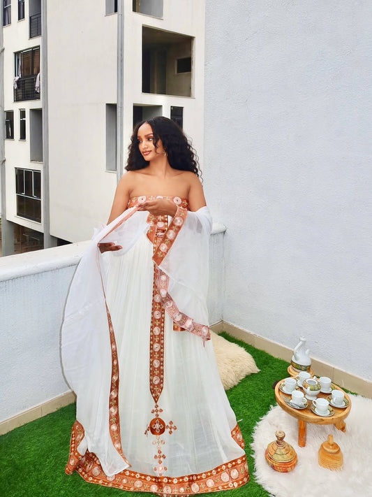 Habesha Dress – Modern Off-Shoulder Style with brown Handwoven Borders
