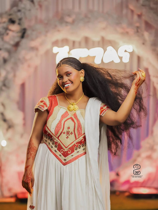 Pure White and Red Habesha Wedding Dress – Wide Tibeb Border & Matching Netela