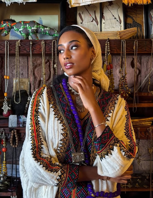 Elegant Gonder Fetel Dress – Traditional Hand-Embroidered Ethiopian Habesha Dress for Women