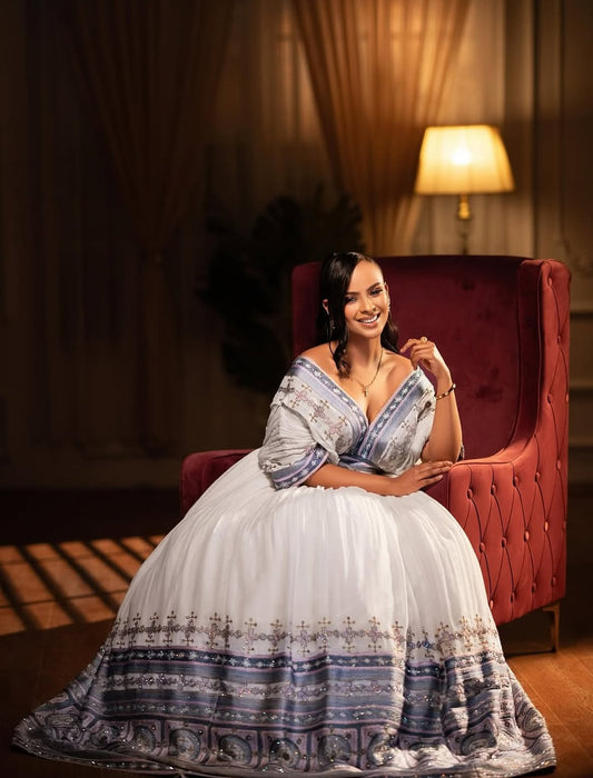 Blue Habesha Libs – Handwoven Cotton Ethiopian Wedding Dress