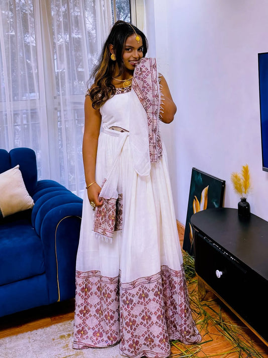 Ethiopian Dress – Modern White Cotton with Purple Handwoven Borders for Diaspora