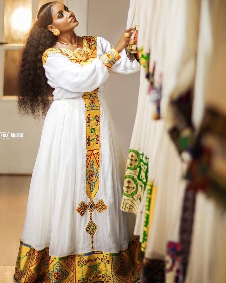 ethiopian dress traditional Yellow Habesha Dress – Traditional Ethiopian Hand-Woven Dress with Vibrant Tilf Embroidery for Weddings and Ceremonies XL