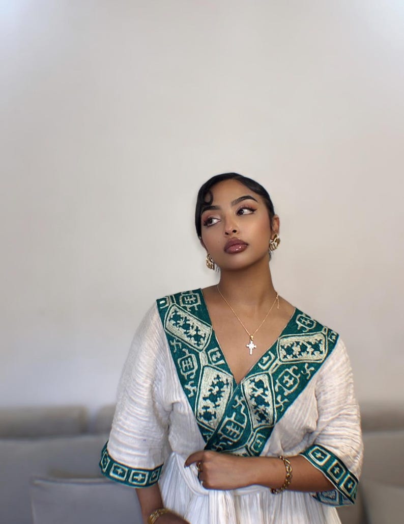 green dress with white embroidery cotton Modern Habesha silver for special o – Habesha Dress Store Size:24