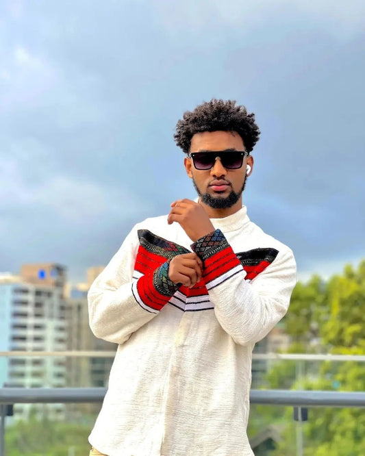 Men's Habesha Cloth - Premium White Traditional Shirt & Pants Set (Custom Tailored) Habesha Dresses Store