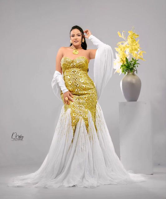Kal Queen Closet Gold Habesha Wedding Dress – Elegant Ethiopian Style for Cultural Celebrations