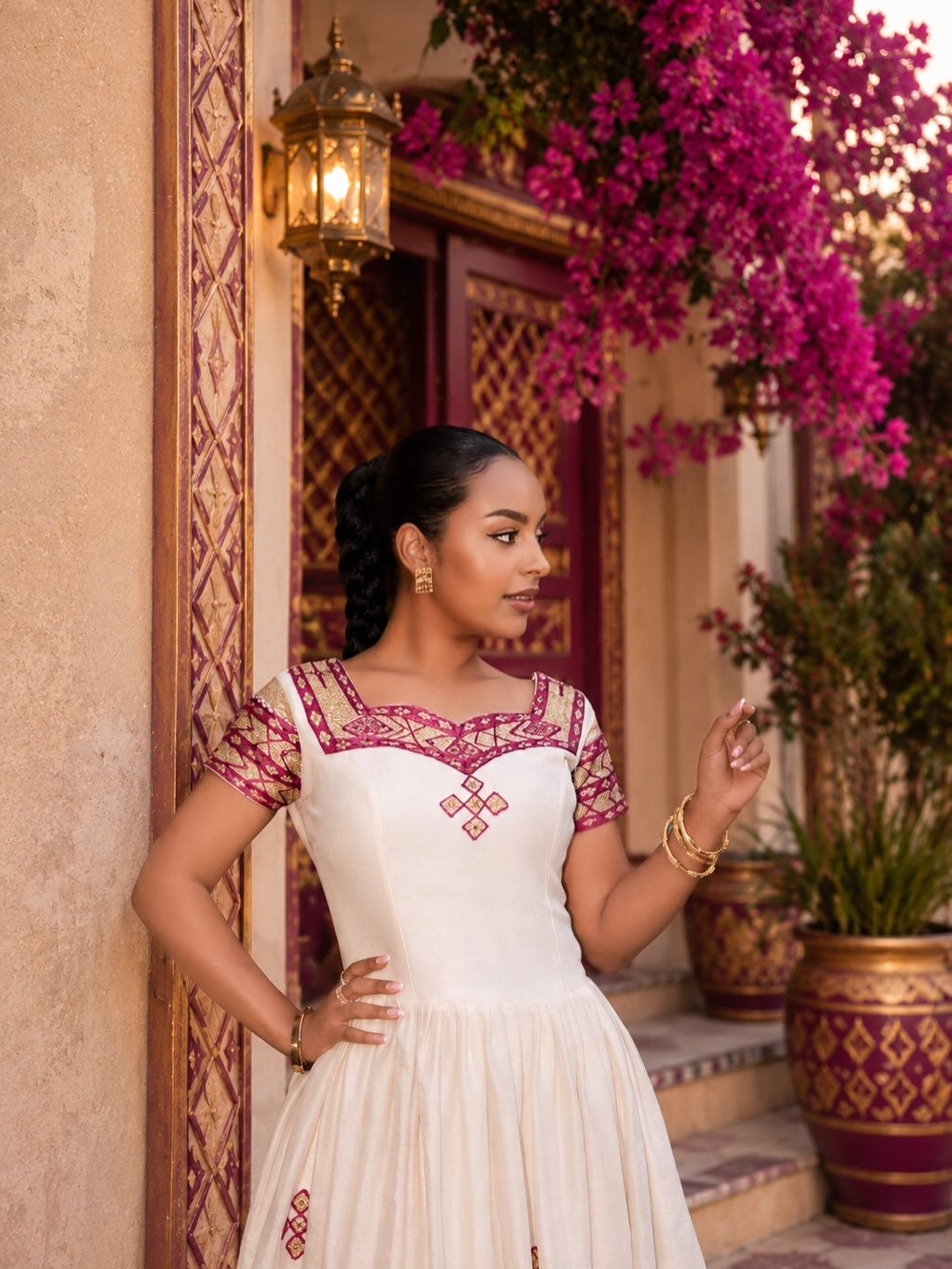 Cream Habesha Zuria with Pink Embroidery – Elegant Ethiopian Tradition – Habesha Dress Store
