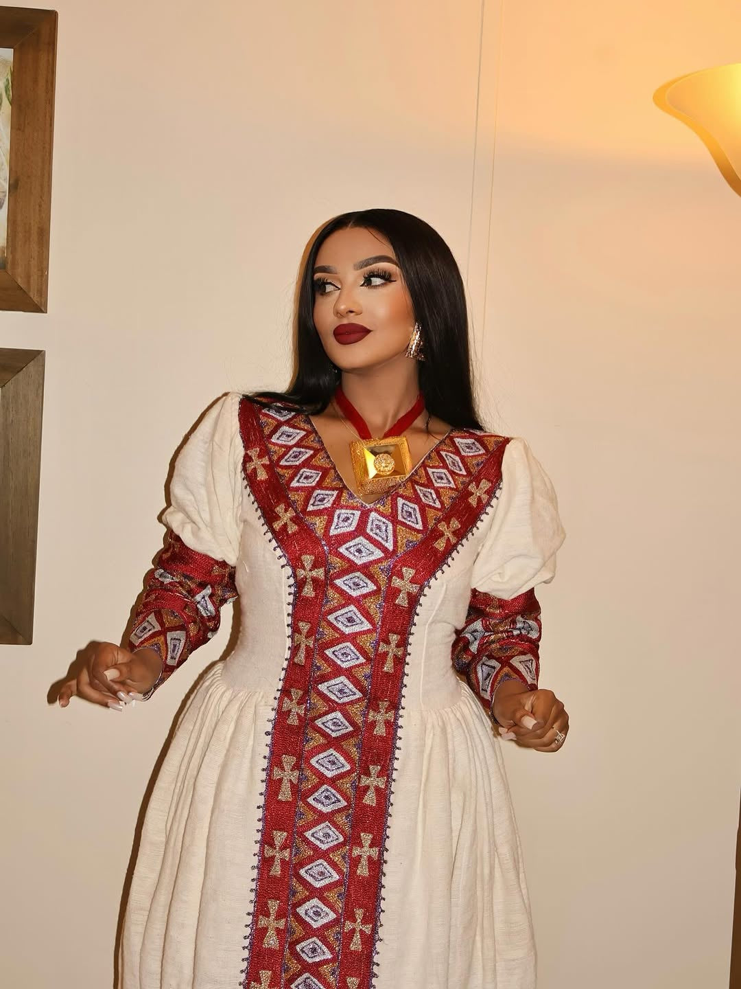 Handmade Coral Red Eritrean Dress for Weddings & Festivals