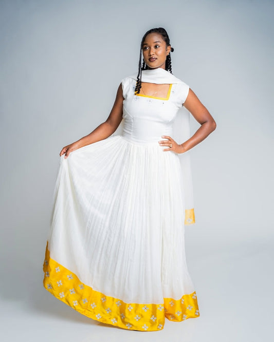 Yellow Habesha Dress | Elegant Handmade Cotton Traditional Dresses
