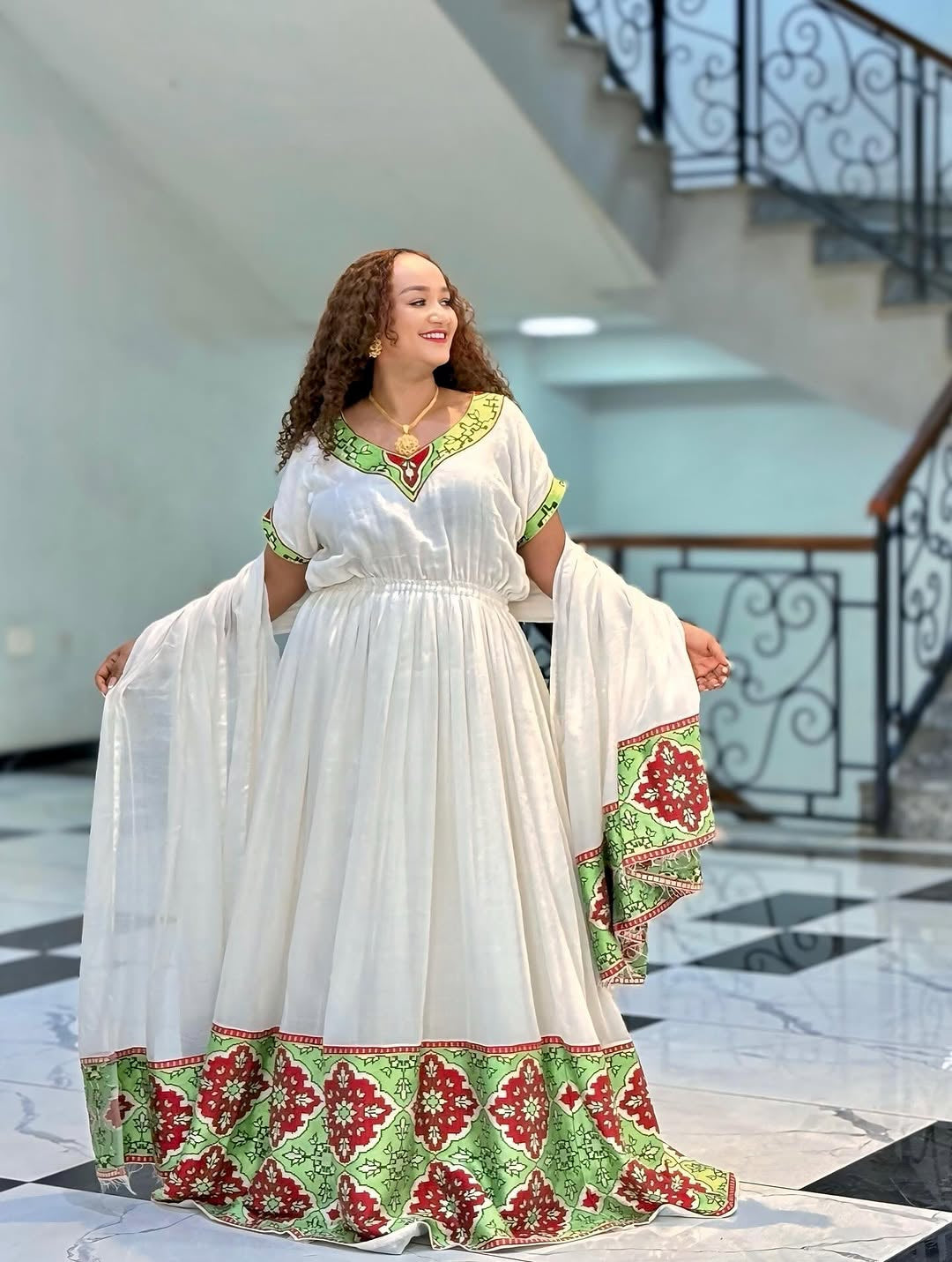 Habesha Libs – Mint Green and Red Meskel Celebration Dress