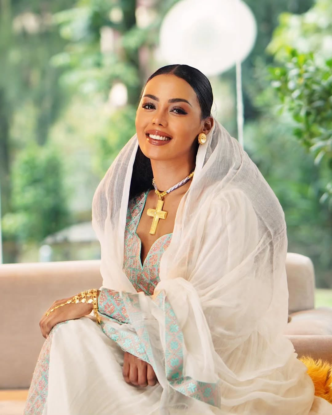 Gold & White Habesha Kemis – Handwoven Ethiopian Graduation Dress