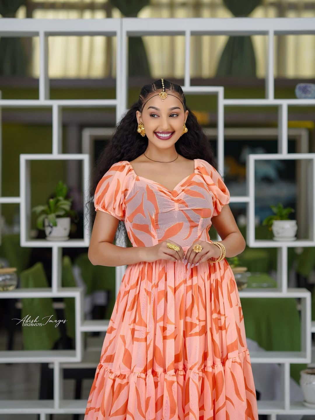 Orange Ethiopian Chiffon Dress – Lightweight Flowing Habesha Outfit wi