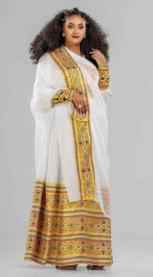 Ethiopian Cultural Dress with Artistic Hem Patterns- Modern Zuria with Gold Borders Bezawit