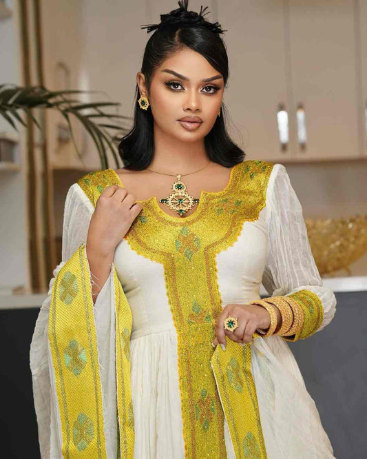 Ethiopian vibrant Dress for Weddings – modern Habesha Attire in White & Gold Bezawit