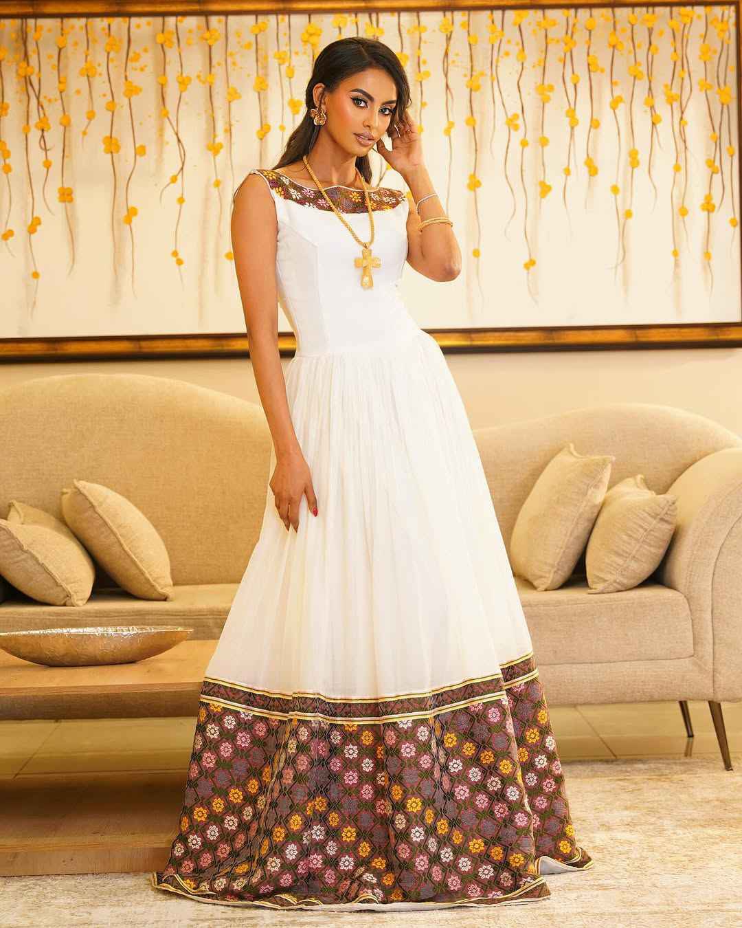 Handmade Flowing Habesha Dress – White Ethiopian Attire with Embroidered Border for graduation