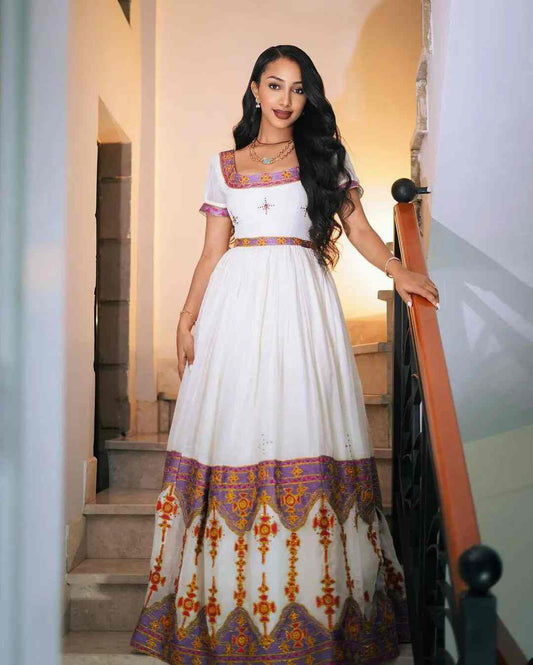 Royal Purple & Gold Traditional Ethiopian Habesha Kemis Dress - Handmade White Zuria with Colored Borders Bezawit