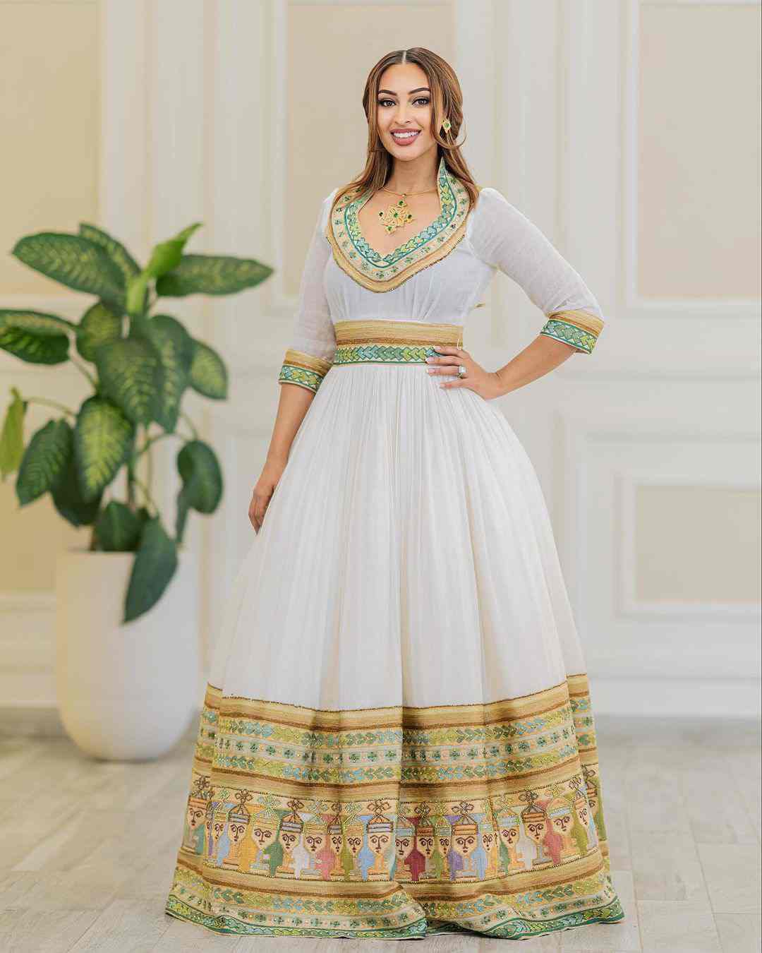 Artistic Gold & Green Ethiopian Habesha Dress - Modern Zuria, Cultural Habesha Kemis for Weddings Bezawit