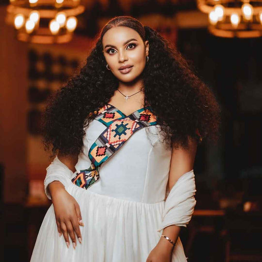 Geometric Pattern Modern Habesha Dress for Women - Stylish White Zuria, Contemporary Traditional Habesha Kemis Bezawit