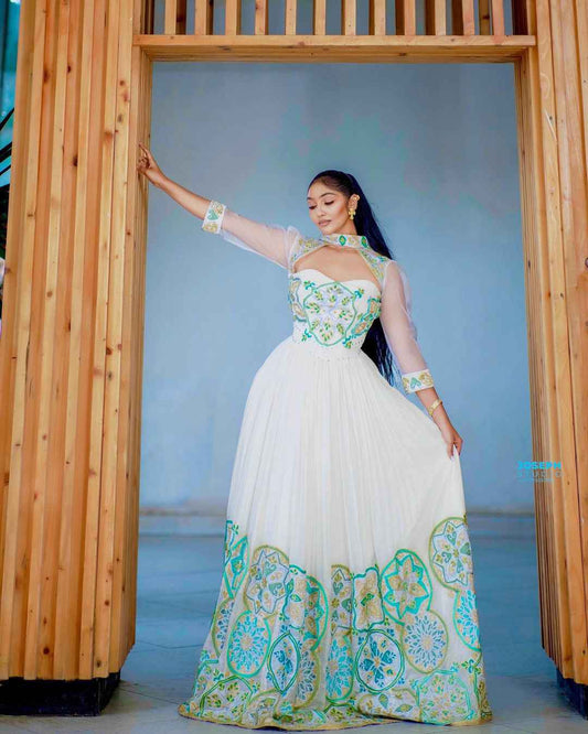 Embroidered High-Neck White Habesha Gown - Elegant Ethiopian Dress for Women, Zuria-Inspired Bezawit